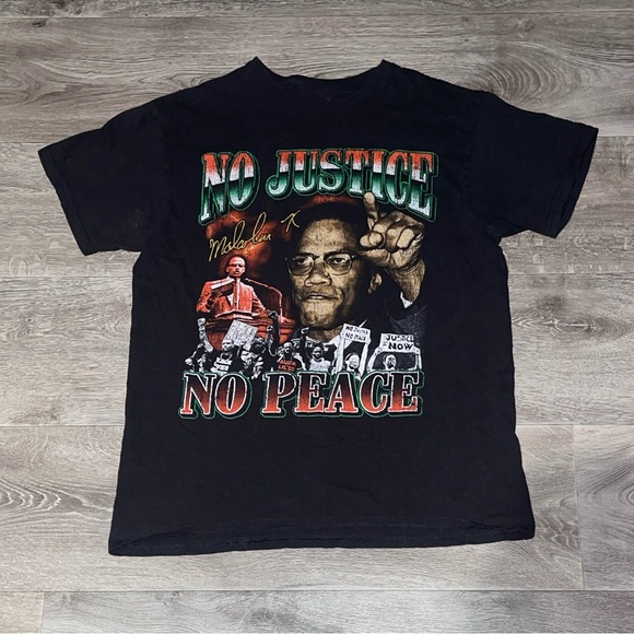 Malcolm X No Justice No Peace Black Graphic T-shirt - Picture 1 of 6